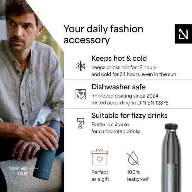 Alt view image 2 of 7 - LARS NYSØM Stainless Steel Insulated Water Bottle 12oz 17oz 25oz 34oz 51oz | Insulated Thermo Flask for Hot and Cold Beverages | Leakproof Drinking Bottle (Stainless Steel, 25.4oz)