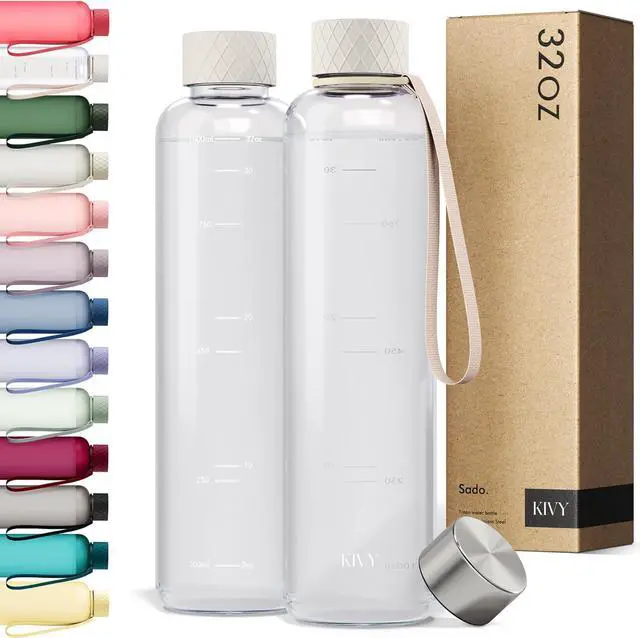 Main image of KIVY Slim Water Bottle 32oz [Lightweight & Shatterproof] Fits Backpack & Cupholder for Travel, Sports, School, Gym - Clear water bottle with measurements - Transparent Tritan Beige - Dishwasher Safe