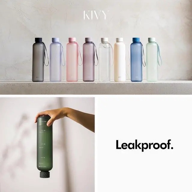 Alt view image 5 of 7 - KIVY Slim Water Bottle 32oz [Lightweight & Shatterproof] Fits Backpack & Cupholder for Travel, Sports, School, Gym - Clear water bottle with measurements - Transparent Tritan Beige - Dishwasher Safe