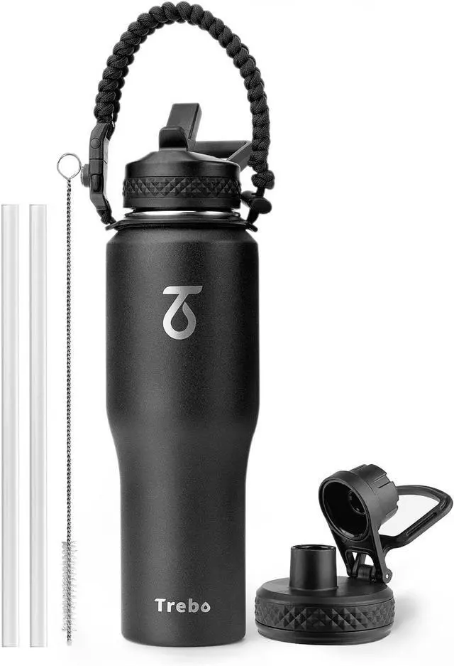 Main image of Trebo 32 oz Water Bottle Insulated Fit in Any Car Cup Holder,Triple Wall Vacuum Stainless Steel Water Bottles (Keep Cold for 48 Hrs),Leakproof Tumbler Flask with Paracord Handle,Straw Spout Lids