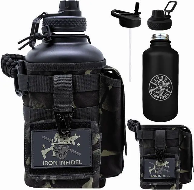 Main image of Iron Infidel Battle Bottle - Half Gallon Insulated Water Bottle with Paracord Handle - Large 64 oz Stainless Steel Water Jug & Rugged, Removable Sleeve For Keys, Wallet, Phone (Black Camo 2 Liter)