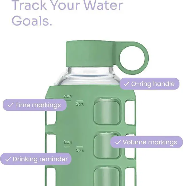 Alt view image 3 of 7 - purifyou 40oz / 32oz / 22oz / 12oz Borosilicate Glass Water Bottle with Time & Volume Markers, Silicone Sleeve, Stainless Steel Lid | Reusable Glass Bottle for Water & Juice (32oz Shale Green)