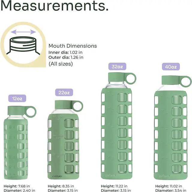 Alt view image 2 of 7 - purifyou 40oz / 32oz / 22oz / 12oz Borosilicate Glass Water Bottle with Time & Volume Markers, Silicone Sleeve, Stainless Steel Lid | Reusable Glass Bottle for Water & Juice (32oz Shale Green)