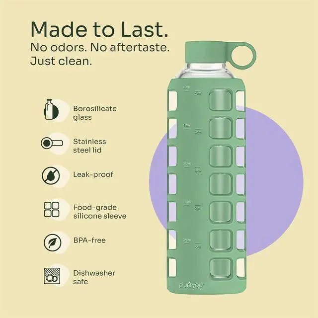 Alt view image 4 of 7 - purifyou 40oz / 32oz / 22oz / 12oz Borosilicate Glass Water Bottle with Time & Volume Markers, Silicone Sleeve, Stainless Steel Lid | Reusable Glass Bottle for Water & Juice (32oz Shale Green)