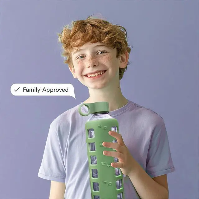 Alt view image 6 of 7 - purifyou 40oz / 32oz / 22oz / 12oz Borosilicate Glass Water Bottle with Time & Volume Markers, Silicone Sleeve, Stainless Steel Lid | Reusable Glass Bottle for Water & Juice (32oz Shale Green)