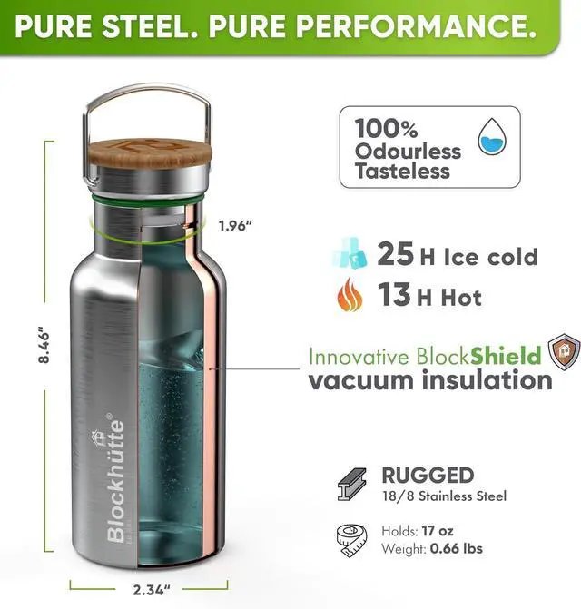 Alt view image 4 of 7 - Blockhütte Vacuum Insulated Stainless Steel Water Bottle I 17 oz I Wide Mouth Metal Bottle for hot and cold drinks I BPA-Free I perfect for Travel, School I Kids, Adults, Water Canteen, Sports, flask