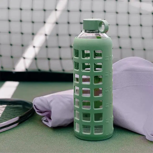 Alt view image 7 of 7 - purifyou 40oz / 32oz / 22oz / 12oz Borosilicate Glass Water Bottle with Time & Volume Markers, Silicone Sleeve, Stainless Steel Lid | Reusable Glass Bottle for Water & Juice (32oz Shale Green)