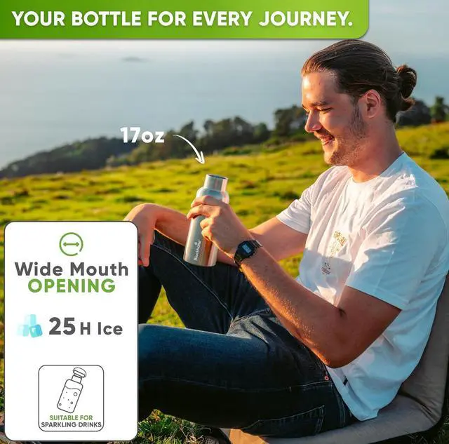 Alt view image 2 of 7 - Blockhütte Vacuum Insulated Stainless Steel Water Bottle I 17 oz I Wide Mouth Metal Bottle for hot and cold drinks I BPA-Free I perfect for Travel, School I Kids, Adults, Water Canteen, Sports, flask