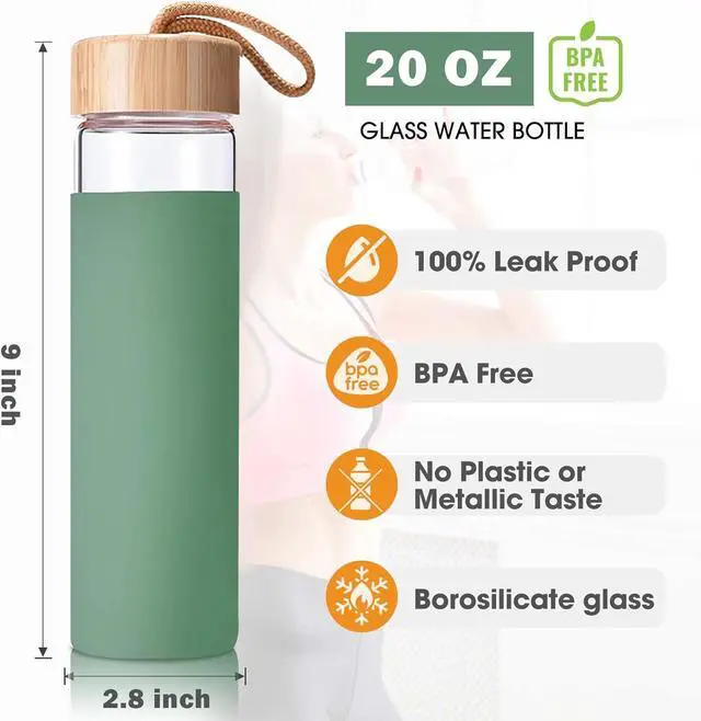 Alt view image 3 of 7 - 20 Oz Borosilicate Glass Water Bottles with Silicone Sleeve BPA Free, Dishwasher Safe - Reusable Clear Glass Drinking with Leak Proof Bamboo Lid | Perfect Gym Water Bottles for Men & Women