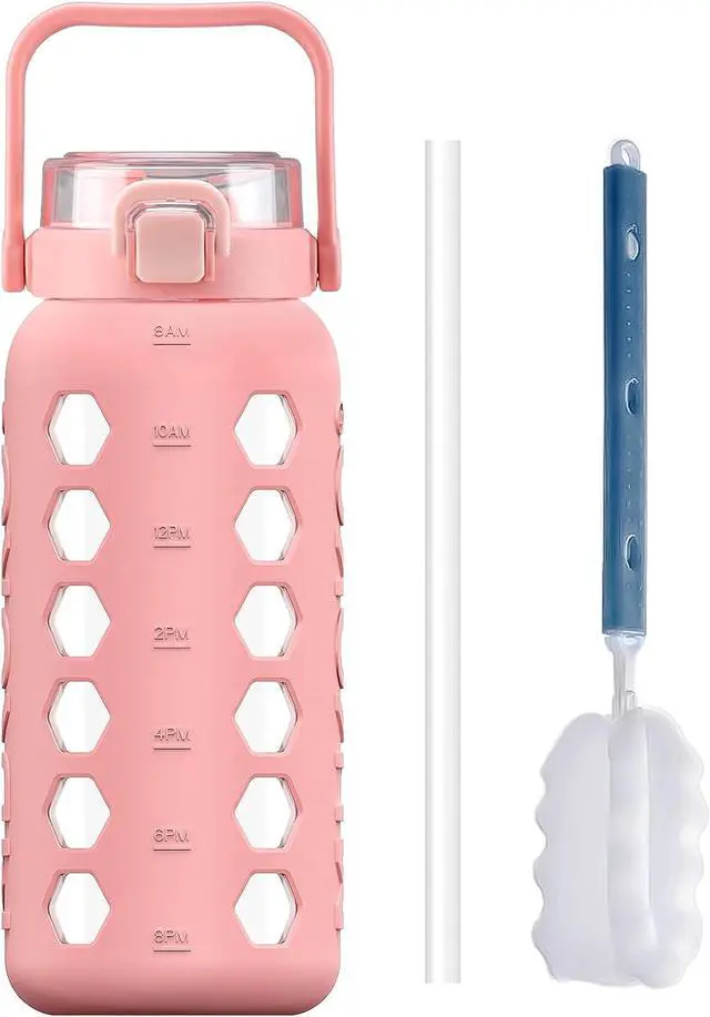 Main image of MUKOKO Half Gallon/64 oz Glass Water Bottles with Straw and Lid,Motivational Water Jug with Time Marker Reminder and Silicone Sleeve,100% Leakproof BPA Free Fitness Sports Large Bottle-Pink