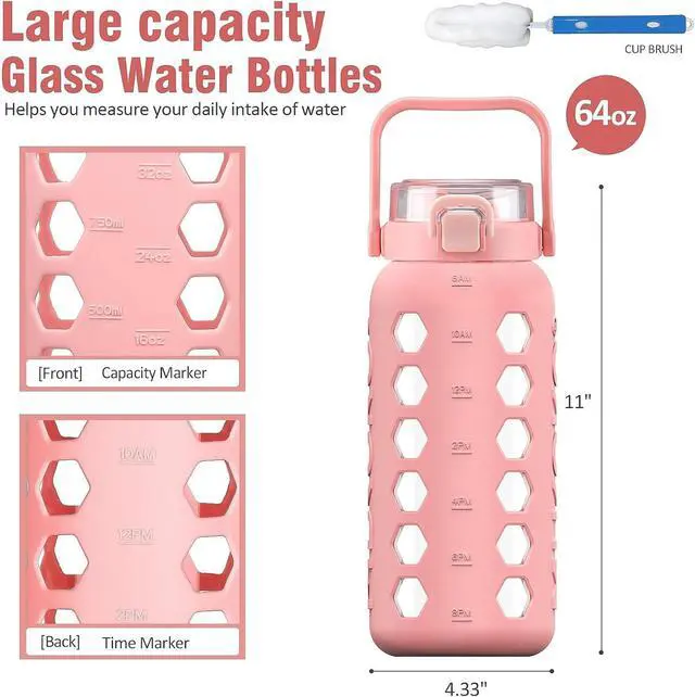 Alt view image 2 of 6 - MUKOKO Half Gallon/64 oz Glass Water Bottles with Straw and Lid,Motivational Water Jug with Time Marker Reminder and Silicone Sleeve,100% Leakproof BPA Free Fitness Sports Large Bottle-Pink