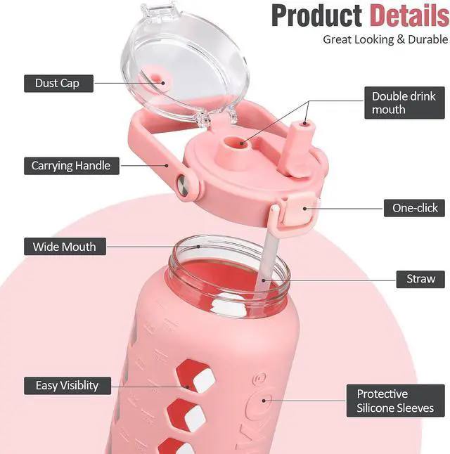 Alt view image 3 of 6 - MUKOKO Half Gallon/64 oz Glass Water Bottles with Straw and Lid,Motivational Water Jug with Time Marker Reminder and Silicone Sleeve,100% Leakproof BPA Free Fitness Sports Large Bottle-Pink