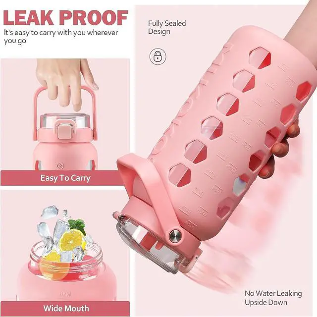 Alt view image 4 of 6 - MUKOKO Half Gallon/64 oz Glass Water Bottles with Straw and Lid,Motivational Water Jug with Time Marker Reminder and Silicone Sleeve,100% Leakproof BPA Free Fitness Sports Large Bottle-Pink