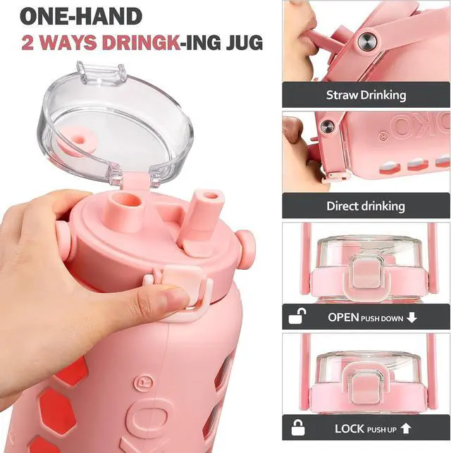 Alt view image 5 of 6 - MUKOKO Half Gallon/64 oz Glass Water Bottles with Straw and Lid,Motivational Water Jug with Time Marker Reminder and Silicone Sleeve,100% Leakproof BPA Free Fitness Sports Large Bottle-Pink