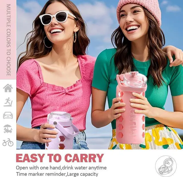 Alt view image 6 of 6 - MUKOKO Half Gallon/64 oz Glass Water Bottles with Straw and Lid,Motivational Water Jug with Time Marker Reminder and Silicone Sleeve,100% Leakproof BPA Free Fitness Sports Large Bottle-Pink