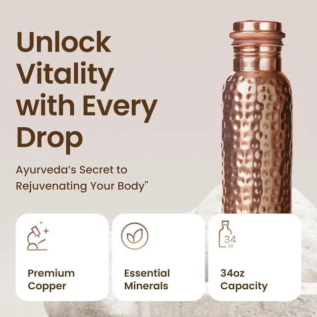 Alt view image 3 of 7 - Pure Copper Water Bottle for Drinking Water, 34 Oz Hammered Finish  Stay Hydrated and Enjoy Ayurvedic Benefits  Leak-Proof, Temperature Retention, Eco-Friendly Design  Durable Copper Bottle