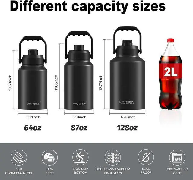 Alt view image 7 of 7 - 1 Gallon Water Bottle Insulated(Cold for 48 Hrs),BPA Free&Leak Proof,128oz Stainless Steel Water Jug,Big thermo,Large Water Bottle with Handle for Gym,Hiking,Camping&Travel,Black