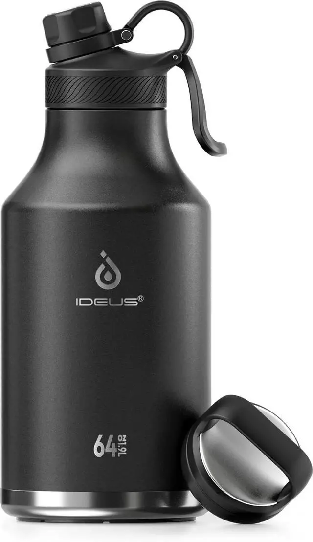 Main image of IDEUS Insulated Stainless Steel Water Bottle with 2 Leak-Proof Lids, Thermal Water Flask for Hiking Biking, 64oz, Black