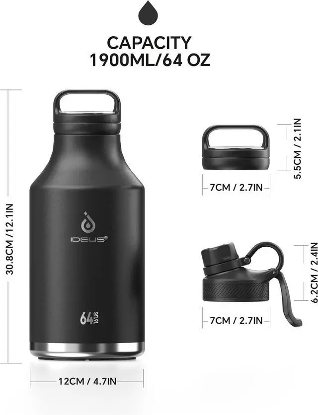 Alt view image 6 of 7 - IDEUS Insulated Stainless Steel Water Bottle with 2 Leak-Proof Lids, Thermal Water Flask for Hiking Biking, 64oz, Black