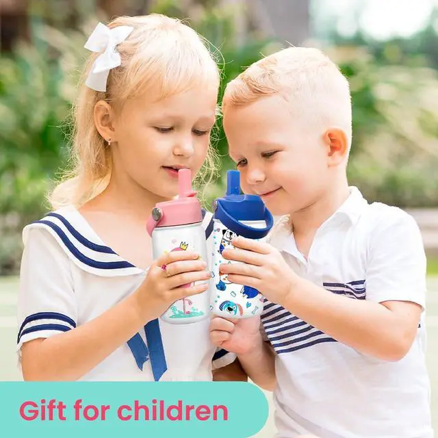 Alt view image 6 of 7 - Flamingo Water Bottle - Kids Water Bottle with Straw Lid - 12 Oz Insulated Stainless Steel Water Bottles for Kid Girls - Travel Cup for School Sports