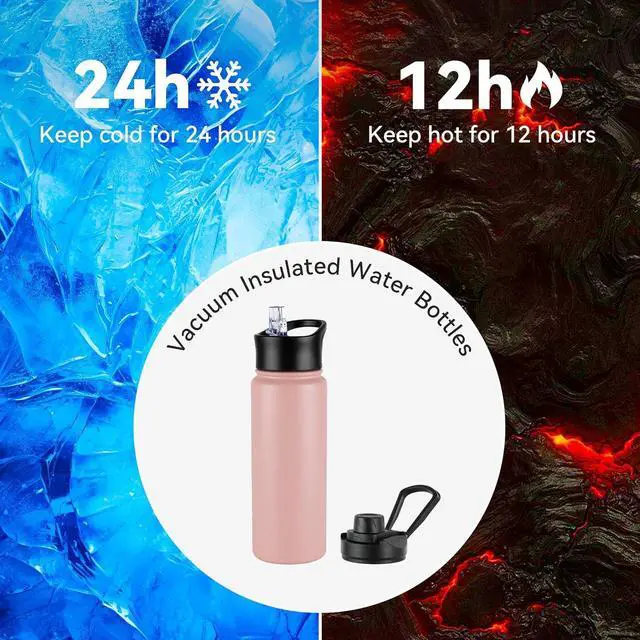 Alt view image 4 of 6 - VEGOND 32 oz Insulated Water Bottle Bulk Stainless Steel Metal Water Bottles with Leak Proof Straw Lid & Spout Lid, Wide Mouth Double Walled Vacuum Travel Sports Bottle, 4 Pack