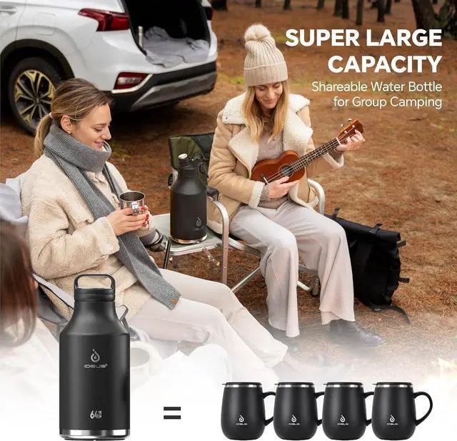 Alt view image 4 of 7 - IDEUS Insulated Stainless Steel Water Bottle with 2 Leak-Proof Lids, Thermal Water Flask for Hiking Biking, 64oz, Black