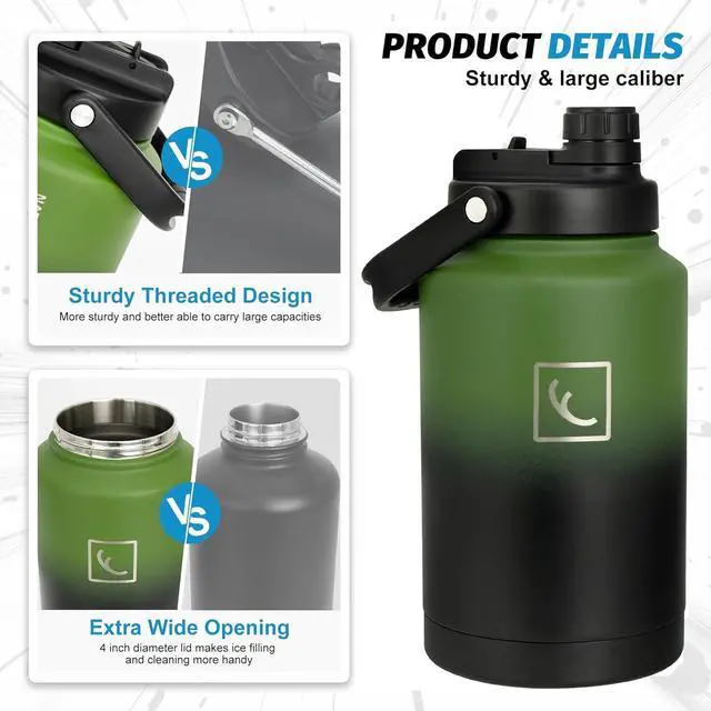 Alt view image 6 of 7 - NATURE PIONEOR One Gallon Water Bottle Insulated - Large Double Vacuum Stainless Steel 128 oz Water Bottle with Holder/Carrier, 1 Gallon Water Jug 2 in 1 LID, Flip Straw and Spout, Wide Mouth