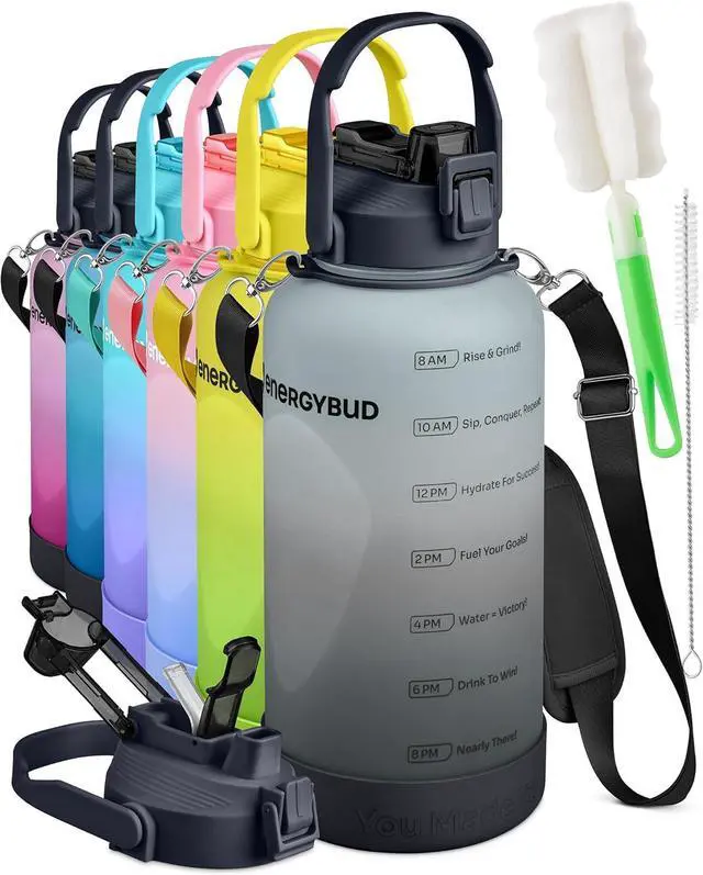 Main image of 1 Gallon Water Bottle With Straw Dishwasher-Safe BPS & BPA Free, 2 Cleaning Brush Motivational 128oz Water Jug with Time Markers, Wide-Mouth Tritan, Gym & Exercise Equipment(Clear & Black)