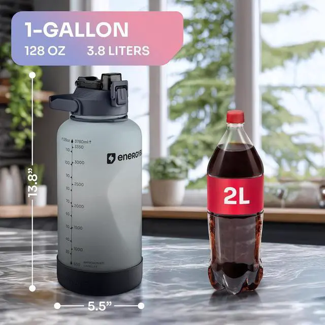 Alt view image 4 of 7 - 1 Gallon Water Bottle With Straw Dishwasher-Safe BPS & BPA Free, 2 Cleaning Brush Motivational 128oz Water Jug with Time Markers, Wide-Mouth Tritan, Gym & Exercise Equipment(Clear & Black)