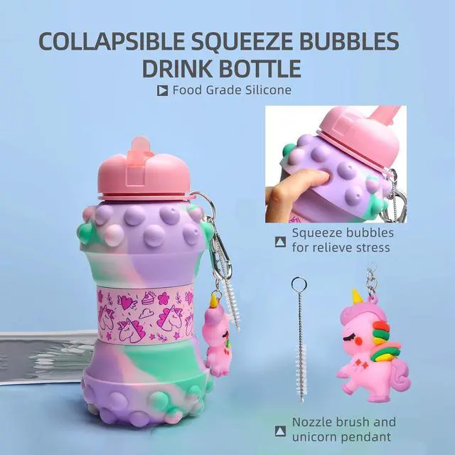 Alt view image 5 of 7 - Louis Donné Collapsible Water Bottles For Kids, 19oz Unicorn Sports Water Bottle For Traveling, School, Outdoor, Cute Push Poping Bubble Design, Gifts For Girls