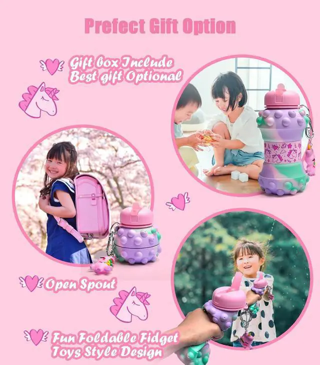 Alt view image 7 of 7 - Louis Donné Collapsible Water Bottles For Kids, 19oz Unicorn Sports Water Bottle For Traveling, School, Outdoor, Cute Push Poping Bubble Design, Gifts For Girls