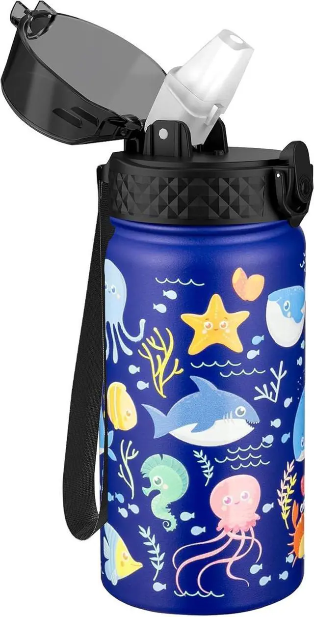 Main image of GOPPUS Kids Water Bottle (Straw Lid) - 14 Oz Stainless Steel Travel Bottle, Double Wall Vacuum Leak Proof Kids Cup for School Boys Girls,Under the Sea