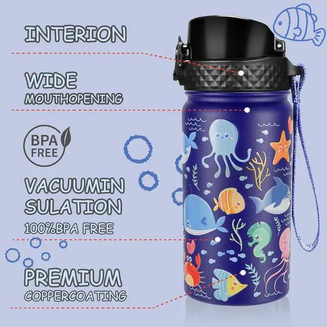 Alt view image 2 of 7 - GOPPUS Kids Water Bottle (Straw Lid) - 14 Oz Stainless Steel Travel Bottle, Double Wall Vacuum Leak Proof Kids Cup for School Boys Girls,Under the Sea