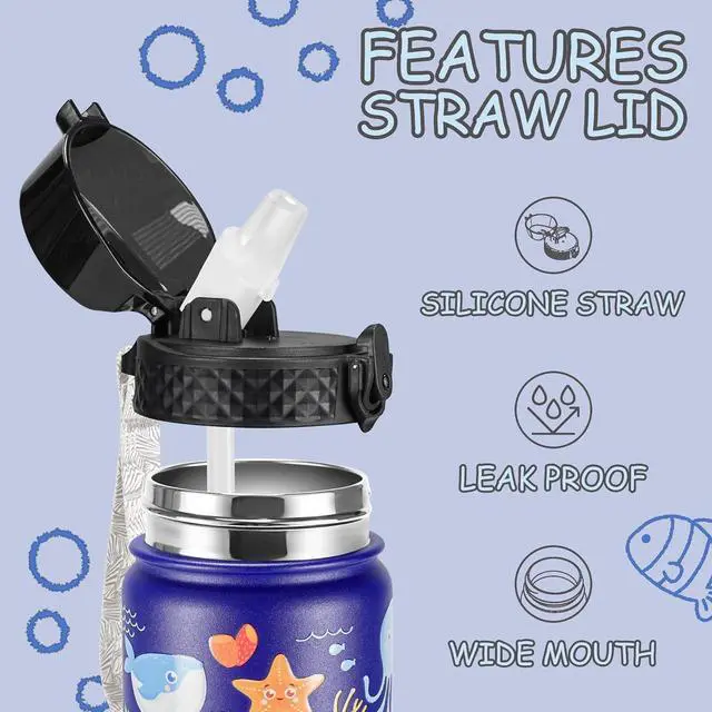 Alt view image 3 of 7 - GOPPUS Kids Water Bottle (Straw Lid) - 14 Oz Stainless Steel Travel Bottle, Double Wall Vacuum Leak Proof Kids Cup for School Boys Girls,Under the Sea