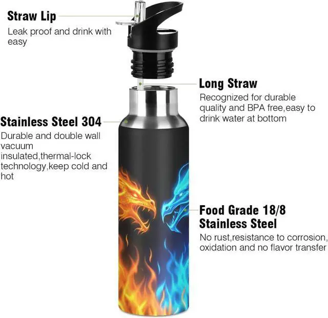 Alt view image 2 of 7 - Qilmy 3D Printing Dragon Water Bottle Vacuum Insulated Stainless Steel Water Bottles with Straw Lid Leakproof Wide Mouth Water Flask for Fitness Outdoor Sports, 20oz