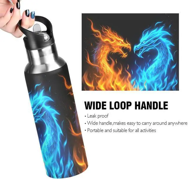 Alt view image 4 of 7 - Qilmy 3D Printing Dragon Water Bottle Vacuum Insulated Stainless Steel Water Bottles with Straw Lid Leakproof Wide Mouth Water Flask for Fitness Outdoor Sports, 20oz