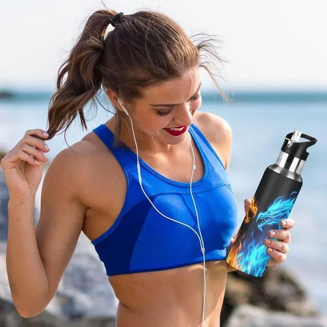 Alt view image 6 of 7 - Qilmy 3D Printing Dragon Water Bottle Vacuum Insulated Stainless Steel Water Bottles with Straw Lid Leakproof Wide Mouth Water Flask for Fitness Outdoor Sports, 20oz