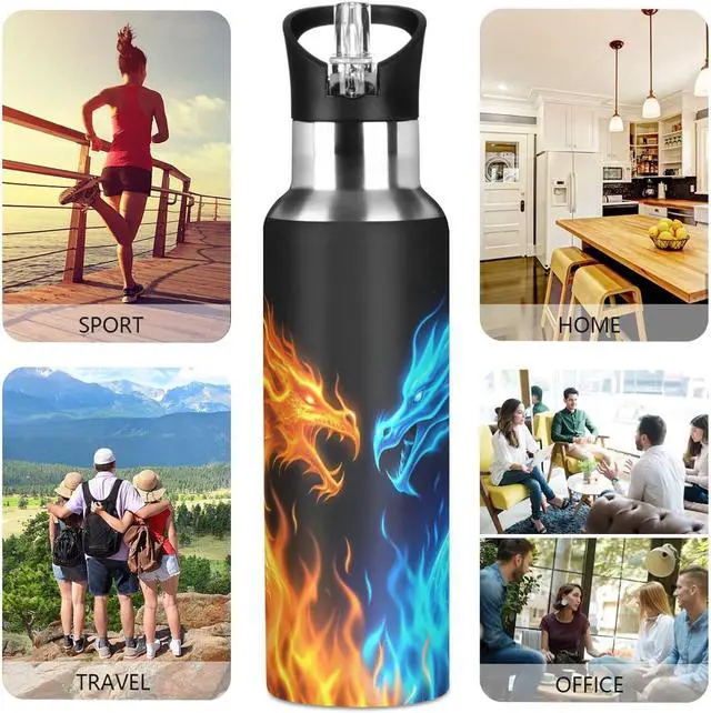 Alt view image 5 of 7 - Qilmy 3D Printing Dragon Water Bottle Vacuum Insulated Stainless Steel Water Bottles with Straw Lid Leakproof Wide Mouth Water Flask for Fitness Outdoor Sports, 20oz