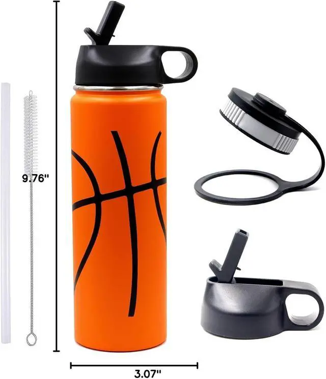 Alt view image 7 of 7 - 22 oz Basketball Water Bottle, Metal Travel Tumbler Sports Flask with 2 Lids, Stainless Steel Double Wall Vacuum Insulated Leakproof Water bottles, Basketball Stuff Gifts for Boys Girls Mom Men Player