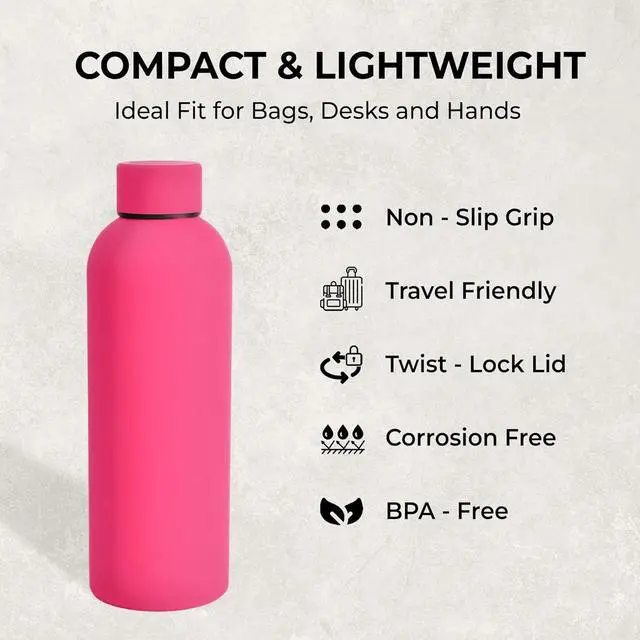 Alt view image 4 of 7 - 17oz Matte Finish Stainless Steel Water Bottle | Vacuum Insulated Travel Bottle | 12 hrs Hot & 18 hrs Cold | Smooth Rubber Finish Water Bottle (Pink)