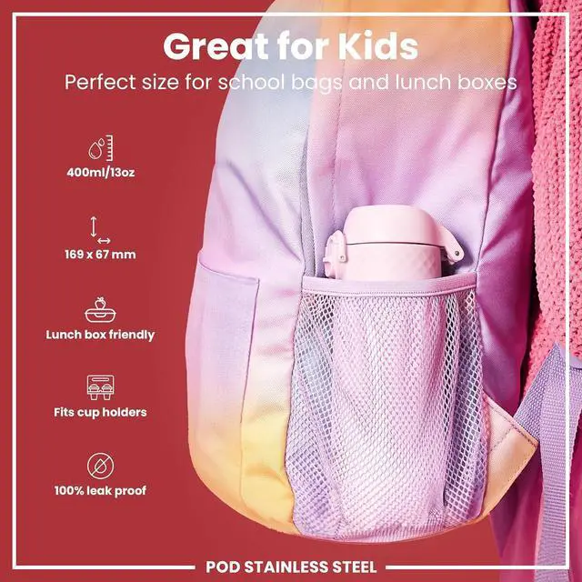 Alt view image 2 of 7 - Ion8 Kids Water Bottle, Steel 400 ml/13 oz, Leak Proof, Easy to Open, Secure Lock, Dishwasher Safe, Flip Cover, Carry Handle, Easy Clean, Durable, Scratch Resistant, Carbon Neutral, Lilac Dusk