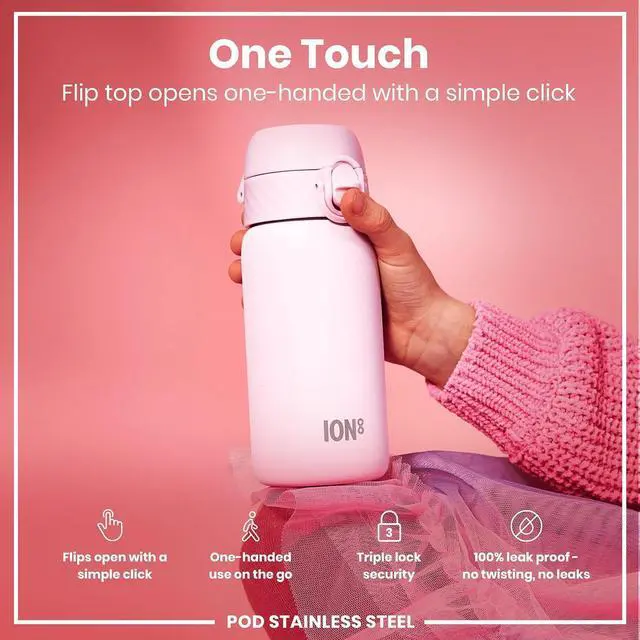 Alt view image 3 of 7 - Ion8 Kids Water Bottle, Steel 400 ml/13 oz, Leak Proof, Easy to Open, Secure Lock, Dishwasher Safe, Flip Cover, Carry Handle, Easy Clean, Durable, Scratch Resistant, Carbon Neutral, Lilac Dusk