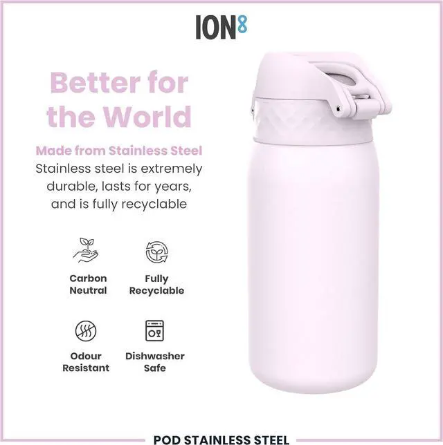 Alt view image 5 of 7 - Ion8 Kids Water Bottle, Steel 400 ml/13 oz, Leak Proof, Easy to Open, Secure Lock, Dishwasher Safe, Flip Cover, Carry Handle, Easy Clean, Durable, Scratch Resistant, Carbon Neutral, Lilac Dusk