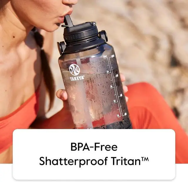 Alt view image 6 of 7 - Takeya Tritan 64 oz Motivational Water Bottle with Straw Lid - Durable, BPA-Free - With Time Marker - Leakproof & Non-Slip Bumper - Breezy Blue