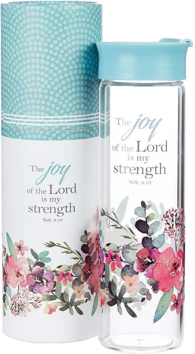 Alt view image 2 of 4 - Christian Art Gifts Reusable Floral Glass Water Bottle with Light Blue Pop-Up Lid for Travel and Beverages - 20 oz Bottle with Inspirational Scripture for Women - The Joy of The Lord -Nehemiah 8:10