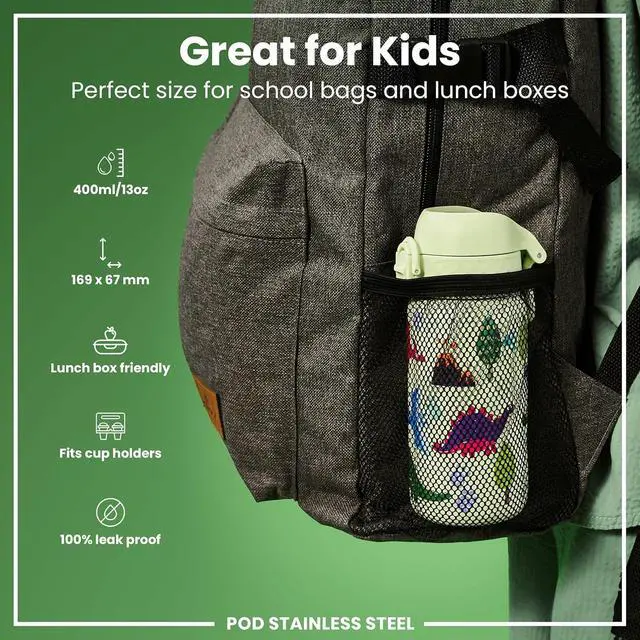 Alt view image 2 of 7 - ION8 Kids Water Bottle, Steel 400 ml/13 oz, Leak Proof, Easy to Open, Secure Lock, Dishwasher Safe, Flip Cover, Carry Handle, Easy Clean, Durable, Scratch Resistant, Raised Print, Dinosaurs Design