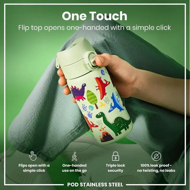 Alt view image 3 of 7 - ION8 Kids Water Bottle, Steel 400 ml/13 oz, Leak Proof, Easy to Open, Secure Lock, Dishwasher Safe, Flip Cover, Carry Handle, Easy Clean, Durable, Scratch Resistant, Raised Print, Dinosaurs Design
