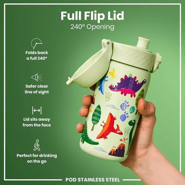 Alt view image 4 of 7 - ION8 Kids Water Bottle, Steel 400 ml/13 oz, Leak Proof, Easy to Open, Secure Lock, Dishwasher Safe, Flip Cover, Carry Handle, Easy Clean, Durable, Scratch Resistant, Raised Print, Dinosaurs Design