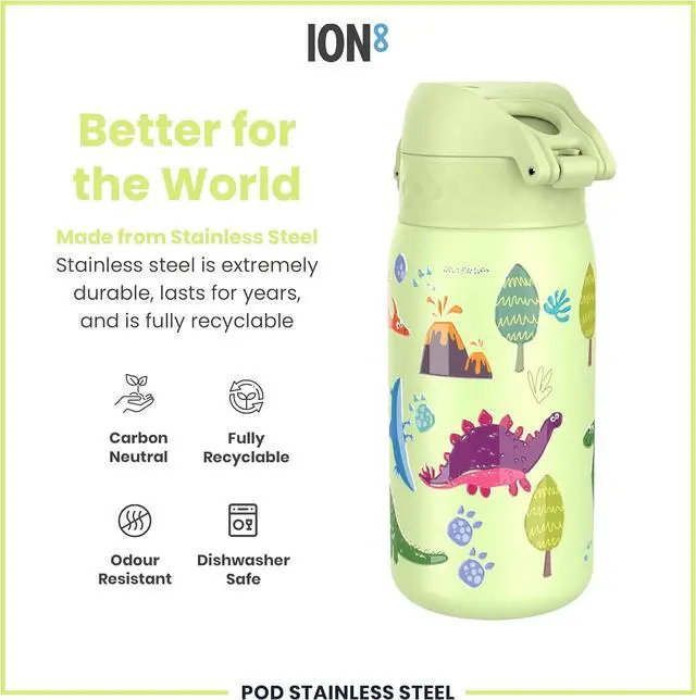 Alt view image 5 of 7 - ION8 Kids Water Bottle, Steel 400 ml/13 oz, Leak Proof, Easy to Open, Secure Lock, Dishwasher Safe, Flip Cover, Carry Handle, Easy Clean, Durable, Scratch Resistant, Raised Print, Dinosaurs Design