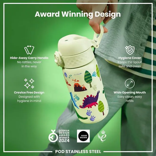 Alt view image 6 of 7 - ION8 Kids Water Bottle, Steel 400 ml/13 oz, Leak Proof, Easy to Open, Secure Lock, Dishwasher Safe, Flip Cover, Carry Handle, Easy Clean, Durable, Scratch Resistant, Raised Print, Dinosaurs Design
